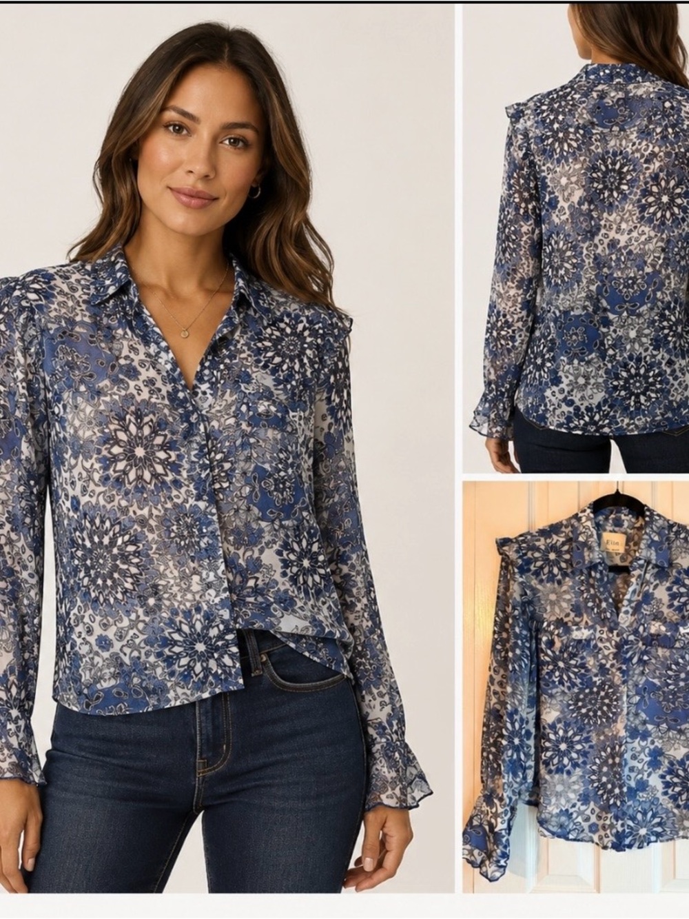 Elie Tahari Blue and Cream Floral Sheer Button-Down Blouse